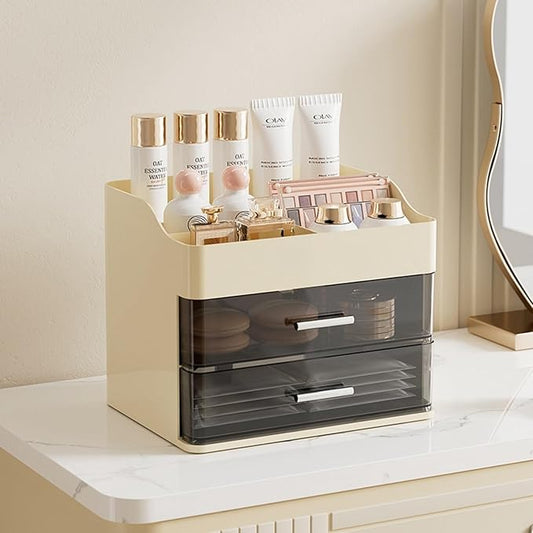Makeup Organizer for Vanity,Vanity Organizer with 2 Drawers,Makeup&skincare Organizers Countertop,Cosmetic Display Case,Vanity Storage Box(Cream)