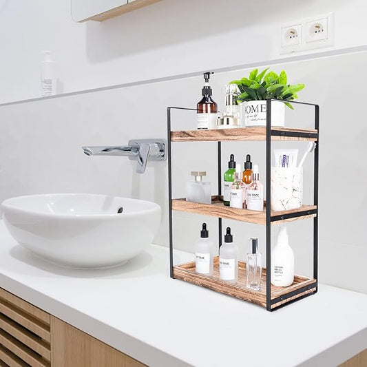 3-Tier Countertop Organizer for Bathroom Counter Stylish Wood Bathroom Vanity Organizer Shelf Storage - The Perfect Addition to Your Counter Decor