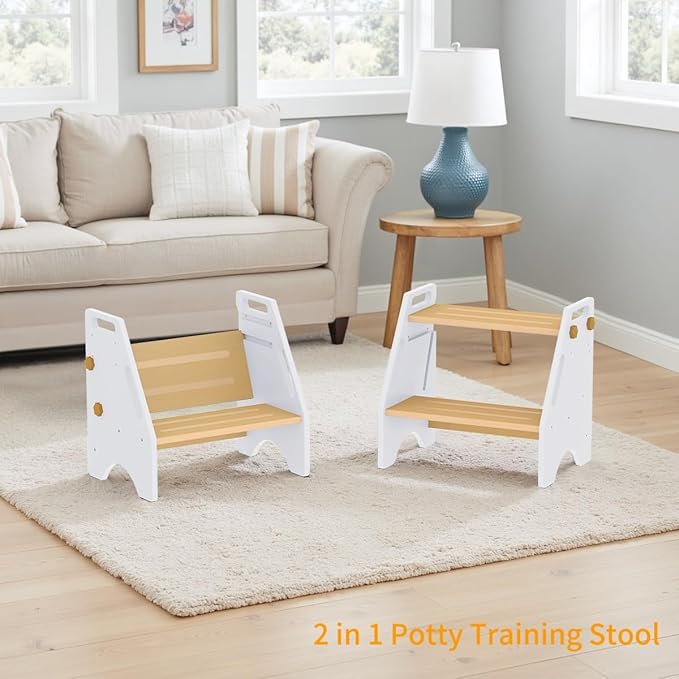 Toddler Step Stool, Wooden Height-Adjustable 2 Step Stool for Kids, 2 in 1 Potty Training Stool with Safety Handles Non-Slip Pads for Bathroom Sink, Kitchen, Bedroom (White)