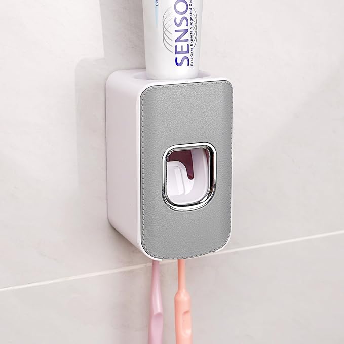 2 Slot Plastic Toothbrush Holder and Toothpaste Dispenser Wall Mounted, Automatic Toothpaste Squeezer, 2 in 1 Tooth Brush Toothpaste Organizer for Shower (Grey)