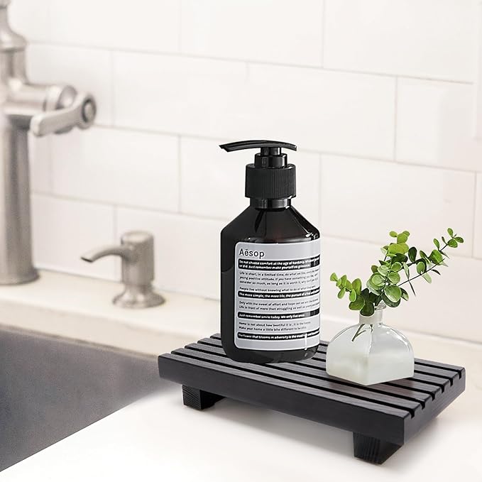 Small Black Bathroom Decor Tray for Counter Dish Soap Holder Wooden Pedestal Stand for Kitchen Sink Soap Dispenser Wood Risers Kitchen Accessories Countertop Vanity Counter Sponge Sink Tray