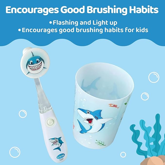 Lily's Home Kids Flashing Timer Toothbrush kids with Soft Bristles, Rising Cup & Cover - Fun 2-Min Light-Up Brushing for Children - Toddler Soft Toothbrush Kit -(shark)- set of 2