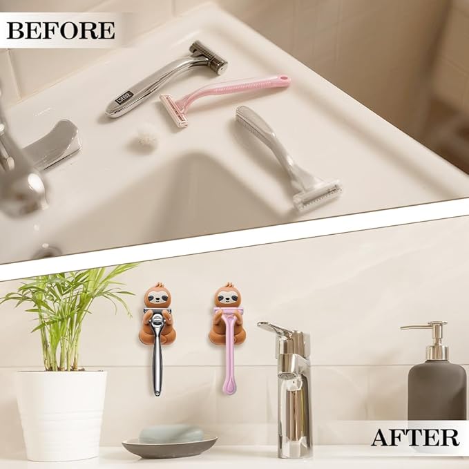 Cute Sloth Waterproof Self-Adhesive Shower Hook Set, Funny Sloth Razor Holder Bathroom Accessories for Men Women Sloth Lover, Sloth Lover Gifts for Women Men, Sloth Bathroom Decor
