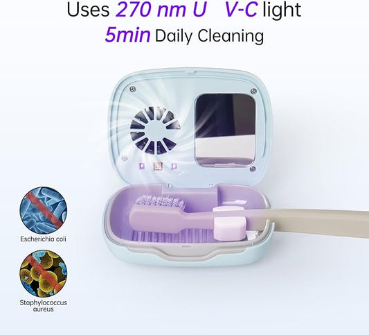 Toothbrush Holder, Toothbrush Cleaner Case, Portable USB Charging Toothbrush Cover with U V-C Light, Travel Toothbrush Holder (Blue-Fan)