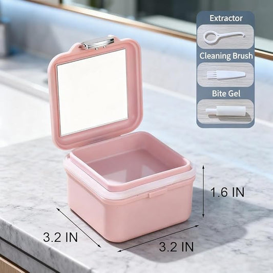 Denture Case Kit, Retainer Cleaning Case False Teeth, Retainer Cleaning Denture Bath Cup with Mirror Use in Denture Bridges, Denture Soaking Container, Traditional Braces for Travel (Pink)