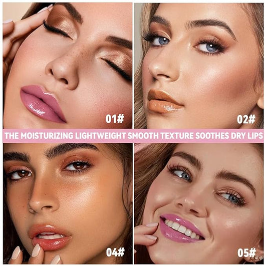 4Pcs Summer Glow Reviver Lip Balm Butter Lip Gloss, Melting Lip Serum, Ultra-Hydrating Natural Vegan Lip Oil, Sheer-Tinted Shine & Hydration, Soothes & Softens Dry Lips (01+02+04+05)