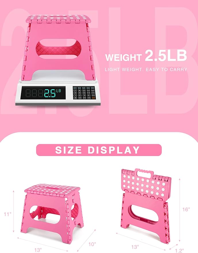 Dyforce Folding Step Stool 11", Durable Kids Step Stool, Heavy Duty Step Stools for Adults, Compact Foot Stools, Light-Weight Toddler Step Stools for Kitchen, Bathroom, Holds Up to 300 lbs (Pink)