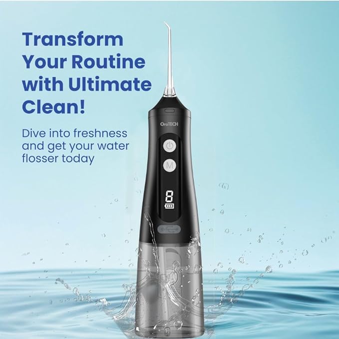 OraTECH Water Dental Flosser, Portable Cordless Oral Irrigator 350ML Rechargeable Travel IPX7 Waterproof Electric Flossing for Teeth Cleaning (Black)