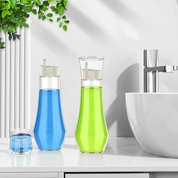 Glass Mouthwash Dispenser for Bathroom, 8.8oz Refillable Mouth Wash Container Bottle with Lid Cup, Small Clear Mouthwash Dispensers Decanter for Countertop, Set of 2