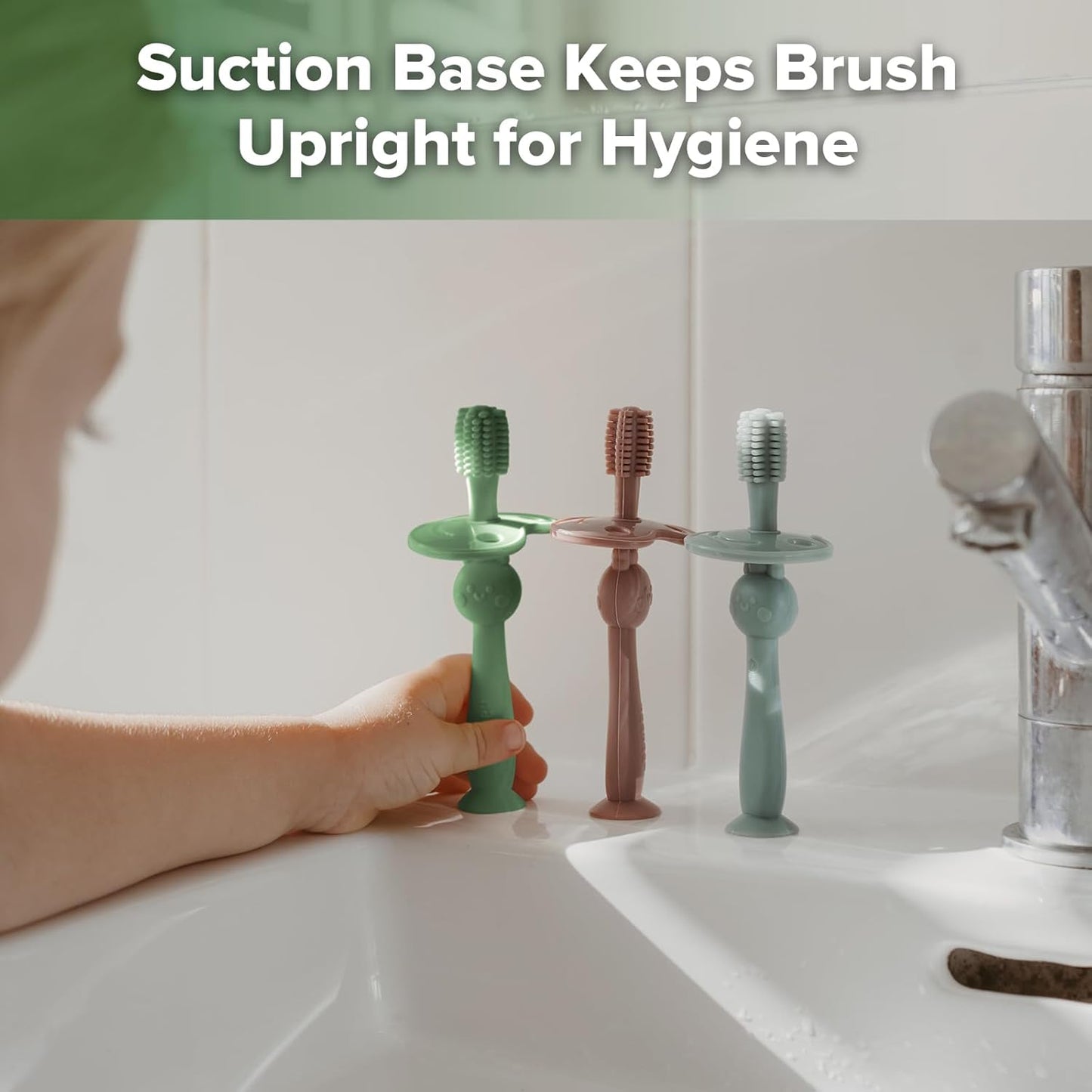 haakaa 360° Baby Toothbrush with Suction Base - Gentle Cleaning for Toddler's Self-Brushing Training, Food-Grade Silicone, Adjustable Safety Shield - Jade (1 Piece)