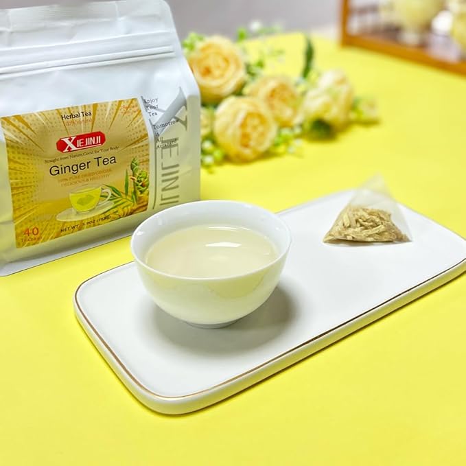 Ginger Tea Bags, 100% Pure Dry Ginger Root, 4.2gx40Count, Re-usable for Brew, Spicy Digestive Ease, Immune System Support Anytime, Eco-Conscious Tea Bags, Resealable Bag