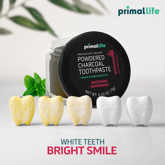 Primal Life Organics -Dirty Mouth Toothpowder, Activated Charcoal Tooth Cleaning Powder, Essential Oils, Hydroxyapatite, Kaolin, Bentonite Clay, 60+ Brushings, Organic, Vegan Black Peppermint 0.25oz