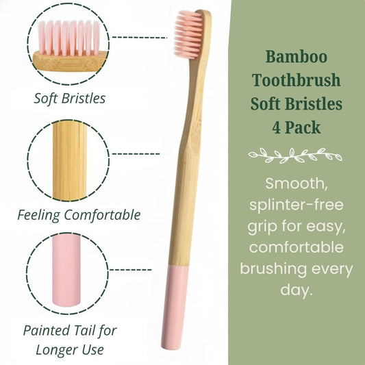 Bamboo Toothbrush Soft Bristles 4 Pack – Eco-Friendly, Natural Wooden Handle, BPA-Free, Vegan, Biodegradable, Plastic-Free Packaging, Family Set