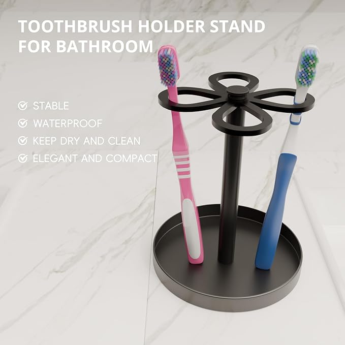 Metal Toothbrush Holders for Bathroom with 4 Slot Black Tooth Brush Holder Stand and Non-Slip Base, Countertop Organizer for Family and Hotel,Compact Design