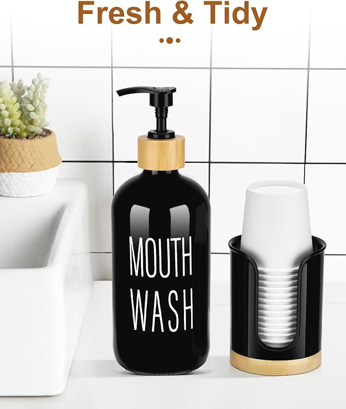Pump Mouthwash Dispenser, Glass Mouthwash Container for Bathroom Countertop, Mouth Wash Bottle Decanter, Black, Printed Font