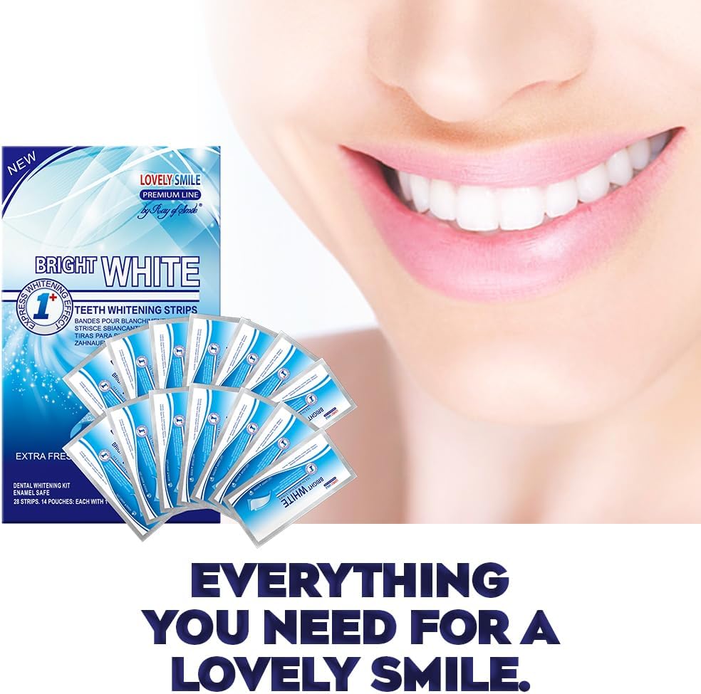 Lovely Smile Premium Line Teeth Whitening Strips - Enamel Safe - White Teeth in 1 Hour - No Slip and No Sensitivity - Dental Whitener Kit by Ray of Smile (28 Strips/Mint)