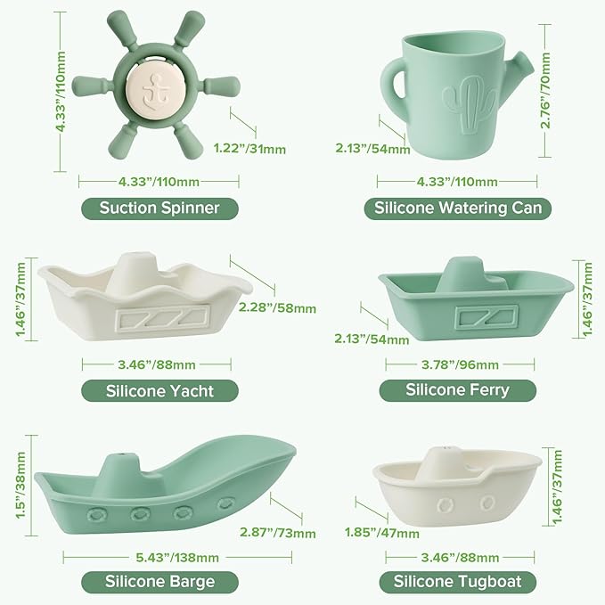 Haakaa Nautical Silicone Baby Bath Toys Set, Food Grade Silicone Bathtub Toys for Toddlers, Mold-Free Stacking Boats & Spinner Toy & Pouring Cup, BPA Free Floating Tub Toys for Baby 6M+