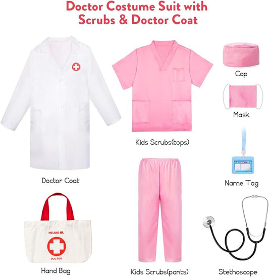 Meland Doctor Costume for Girls - Kids Scrubs with Lab Coat & Carry Bag, Doctor Dress Up for Halloween, Career Day Role Play
