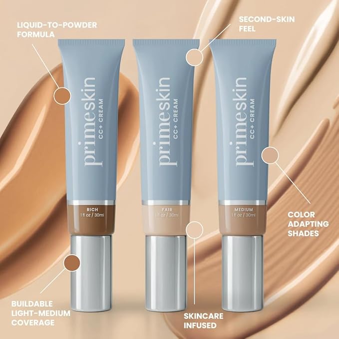 Prime Prometics PrimeSkin CC+ Cream for Mature Women – Lightweight Liquid-to-Powder Foundation – Blurs Pores & Covers Age Spots – Crease-Free, Hydrating & Soft-Matte Finish for Sensitive Skin (Light)
