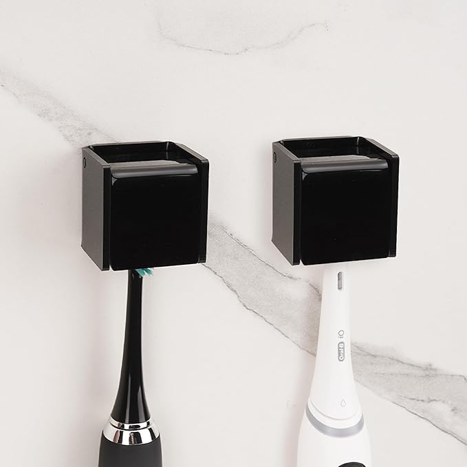 2 PCS Toothbrush Holder Wall Mounted with Cover for Bathroom, Self Adhesive Toothbrush Storage Organizer for Shower, Mini Toothbrush Hanger Rack for Dorm, Cabinet (Black)