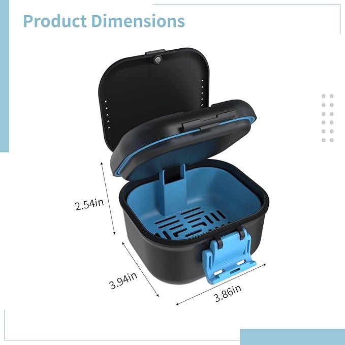 Denture Cleaning Cup with Leak-Proof Design, Double-Layer ABS Case for Soaking and Storing Dentures, Compact Travel Denture Holder with Blue Clasp, Ideal for Home and Travel Use