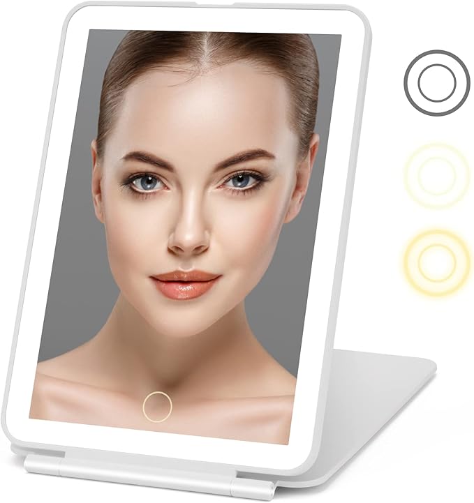 Rechargeable Travel Makeup Mirror 72 LED Lighted Compact Slim Vanity with Lights 3 Lighting Modes Dimmable Touch Screen (White),(DenCert)