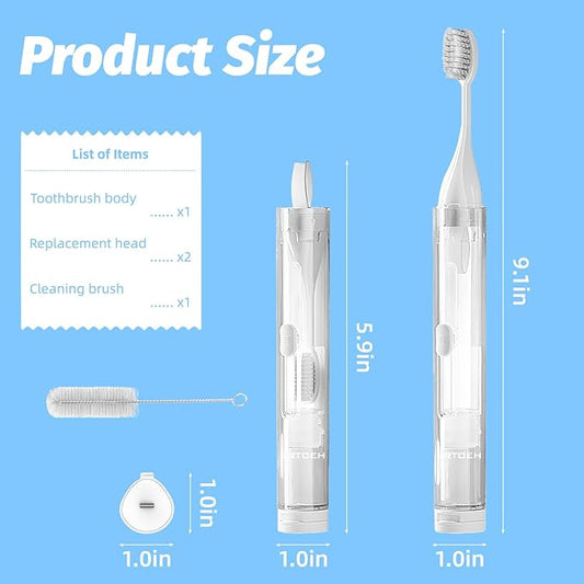 Travel Toothbrush with Built-in Toothpaste Container, Foldable Toothbrush with 2 Soft Brush Head, Portable Reusable Toothbrushes for Business Trips, Camping, Travel Size(White)