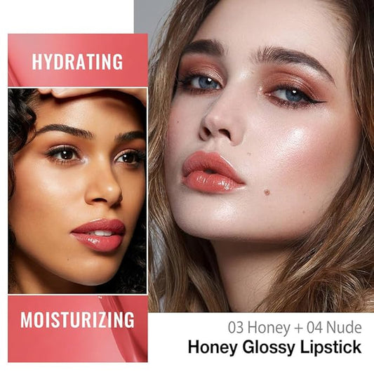 Kaely 2Pcs Honey Lipstick Tinted Lip Balm, Hydrating Shine Lipstick for Women Dry Lips, Moisturizing Nourishing Glossy Lip Gloss Stain Makeup, Sheer Lightweight, Vegan, 03 Honey+04 Nude