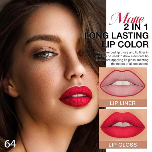 1Pcs 2 in 1 Fire Red Matte Lip Liner and Liquid Lipstick Stain Makeup Set for women, Fire Red Long Lasting Smudge Proof Lip Tint Matte Finish Lip Gloss for All-Day Color Hold Easy to Use 64#