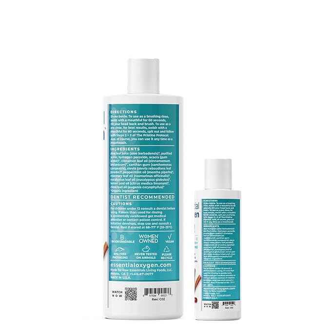 Essential Oxygen BR Certified Organic Brushing Rinse, All Natural Mouthwash for Whiter Teeth, Fresher Breath, and Happier Gums, Alcohol-Free Oral Care, Cinnamint, 2 Piece Set, 16 Oz