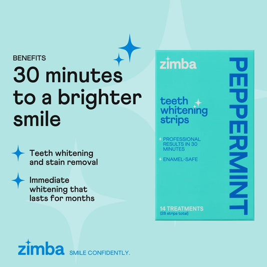 Zimba Peppermint Flavored Teeth Whitening Strips | Vegan, Enamel Safe Hydrogen Peroxide Teeth Whitener for Coffee, Wine, Tobacco, and Other Stains | 14 Day Treatment | Peppermint