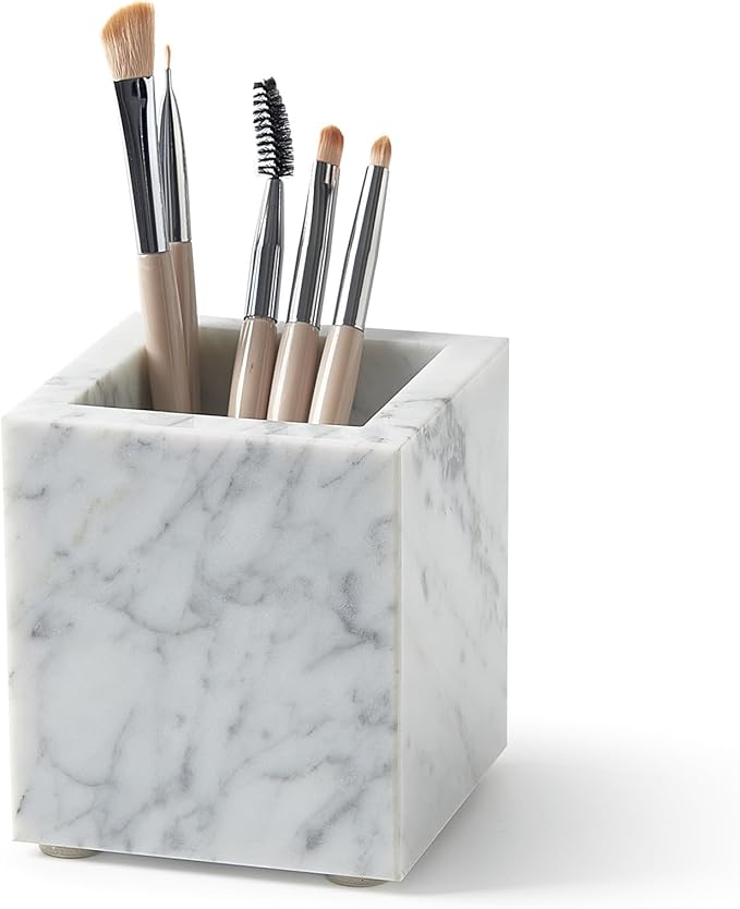 Real Natural Marble Toothbrush Holder & Pen Holder & Makeup Brush Holder, Genuine Stone Rectangular Bathroom Tumbler Cup, Durable Office & Home Countertop Organizer