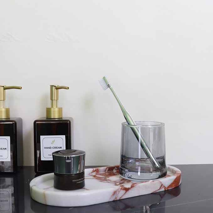 Natural Marble Tray, Oval Vanity Decorative Tray for Bathroom Counter, Countertop Stone Organizer, Catchall Tray for Kitchen, Perfume, Candles, Jewelry Dish Decorative Tray