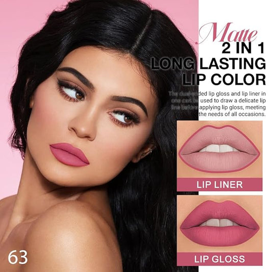 1Pcs 2 in 1 Hot Mauve Matte Lip Liner and Liquid Lipstick Stain Makeup Set for women, Hot Mauve Long Lasting Smudge Proof Lip Tint Matte Finish Lip Gloss for All-Day Color Hold Easy to Use 63#