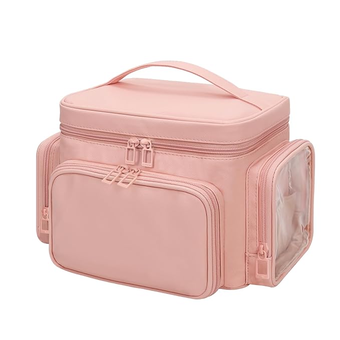Large Makeup Bag, Portable Travel Makeup Bag Organizer for Women Girls with Makeup Brush Compartment & Two Side Pockets, Cosmetic Travel Bag Vertical Storage Toiletry - Pink