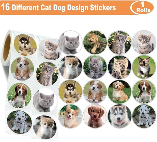600 Pcs Puppy and Kitten Stickers for Kids Teachers 1.5 Inch 16 Styles Dog Cat Stickers for Kids Birthday Party School Reward Giveaways
