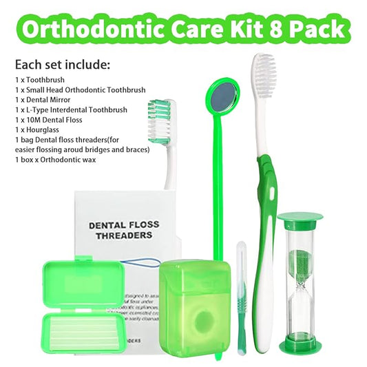 Braces Cleaning Kit for Teeth, Portable Orthodontic Toothbrush Kit Oral Care Dental Travel Kit - Interdental Brush Dental Wax Dental Floss Toothbrush Box (Green B)