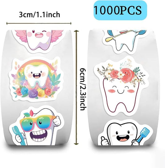 1000PCS Tooth Stickers Roll for Kids, 2 Rolls 10 Styles Cartoon Teeth Fairy Sticker, Dental Reward Stickers for Dentist, Classroom, Scrapbooking, Party Favors, DIY Crafts