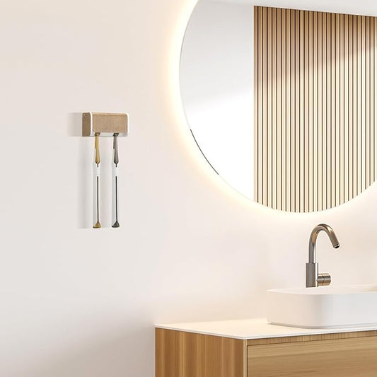 Toothbrush Holders Wall Mounted with Cover, Electric Tooth Brushing Holder for Bathroom, 2 Slots Self Adhesive Toothbrush Organizer, Toothbrush Stand for Family, Kids (1, Wood Grain)