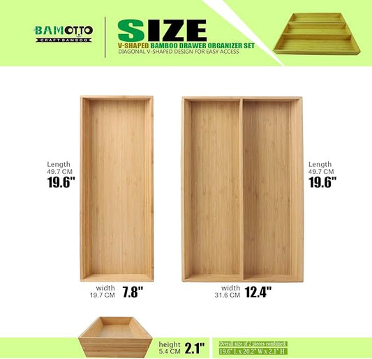 2-Piece V-Shaped Bamboo Drawer Organizer - Ideal for Kitchen's Large Long Tableware, Cooking Utensils, Flatware, Silverware - Wood Storage Box for Home, Bedroom, Bathroom (19.6"x12.4" & 19.6"x7.8")