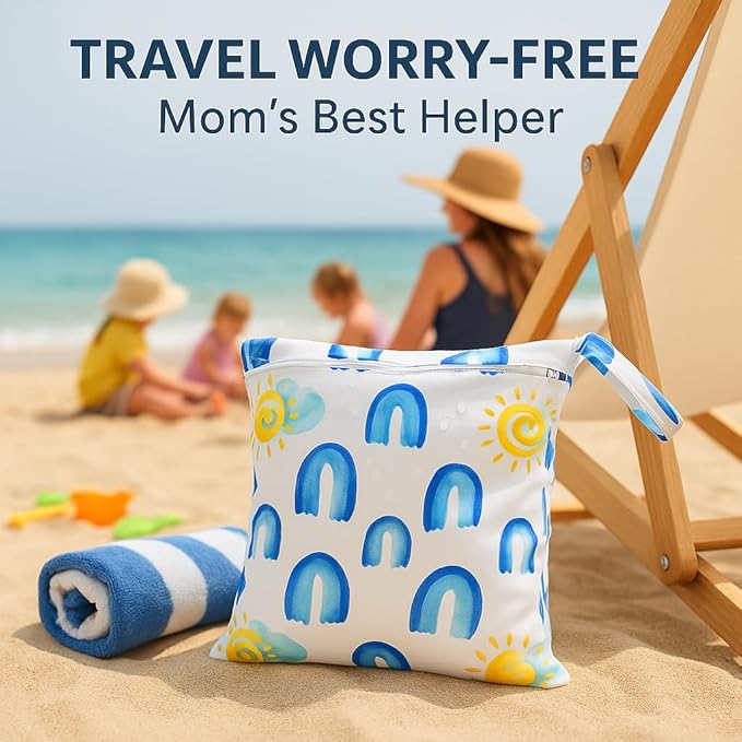 Waterproof Wet Dry Bag, Reusable Diaper Pouch with Zipper, Machine Washable Travel Organizer for Beach, Daycare, Kids, Dinosaur Pattern (Rainbow)