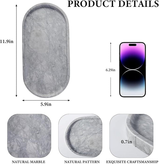 Koville Grey Marble Tray for Bathroom Countertop, 12"x6" Vanity Decorative Marble Tray for Dresser, Stone Catchall Trays for Perfume, Candles, Jewelry, Stone Gray Storage Trays for Home Decor