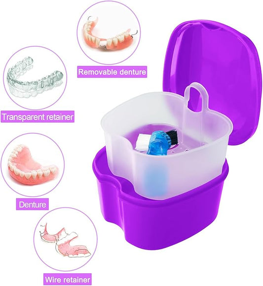 2 Pack Denture Bath Case Dental False Teeth Holder with Brush, Retainer Cleaning Case Denture Bath Cup Storage False Teeth Travel Case with Strainer - Purple and Dark Blue