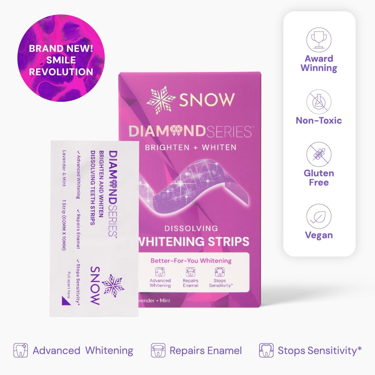 Snow Diamond Series Purple Whitening Strips - Dissolving Teeth Whitening Strips for Sensitive Teeth, Instant Brightening with Hydroxyapatite, Color-Correcting Purple Formula, 14 Count