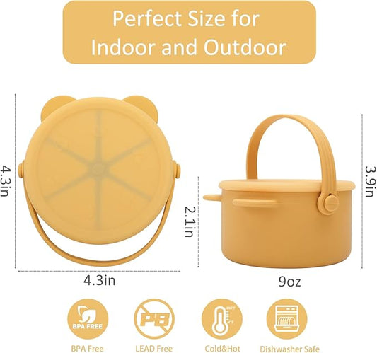 Snack Cups for Toddlers, Baby Snack Containers, Silicone Toddler Snack Cups No Spill, Food Catcher with Lid & Bucket-like Handle, BPA Free & Dishwasher Safe, 9 Ounce Mustard