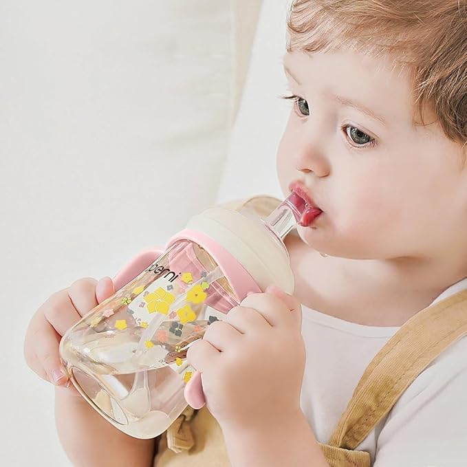 Toddler Sippy Cup 10oz, Weighted Straw Baby Drinking Water Bottle with Valved Spout for 6+ Months, 300ml/Green/2Pack