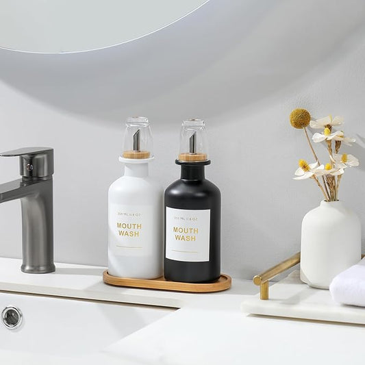 11.8OZ Mouthwash Dispenser for Bathroom with Bamboo & Stainless Steel Pour Spout, Mouthwash Cups Reusable, Bamboo Tray, and Elegant Gold Label. Set of 2(Black/White