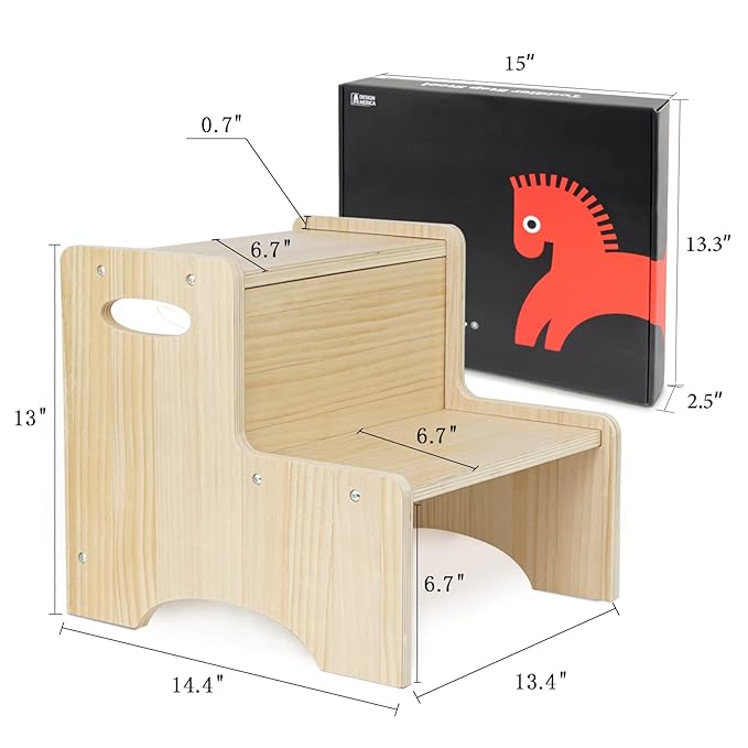 WOOD CITY Toddler Step Stool for Kids, Wooden Two Step Children's Stool with Handles, Bonus Non-Slip Pads for Safety, Bathroom Potty Stool & Kitchen Step Stools Dual Height