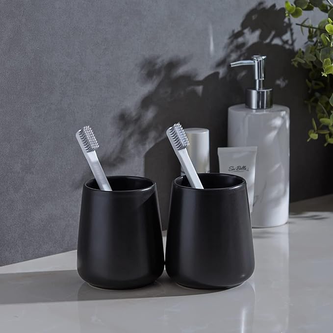 Black Toothbrush Holder for Bathroom - Ceramic Tooth Brushing Holders, Toothpaste Holder, Reusable Toothbrush Mouthwash Cup, Space-Saving Design for Bathroom Countertop