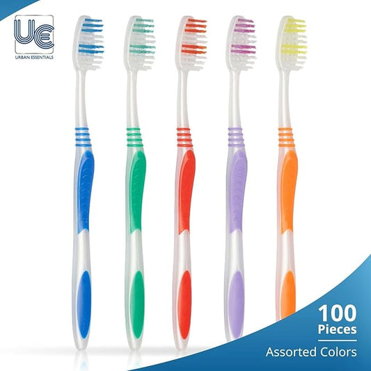 Urban Essentials Bulk Toothbrush Package with Covers | Premium Quality Individually Wrapped Colorful Tooth Brushes | Medium Soft Toothbrush Hygienic Cap for Donations, Travel, Hotels (100 Pack)